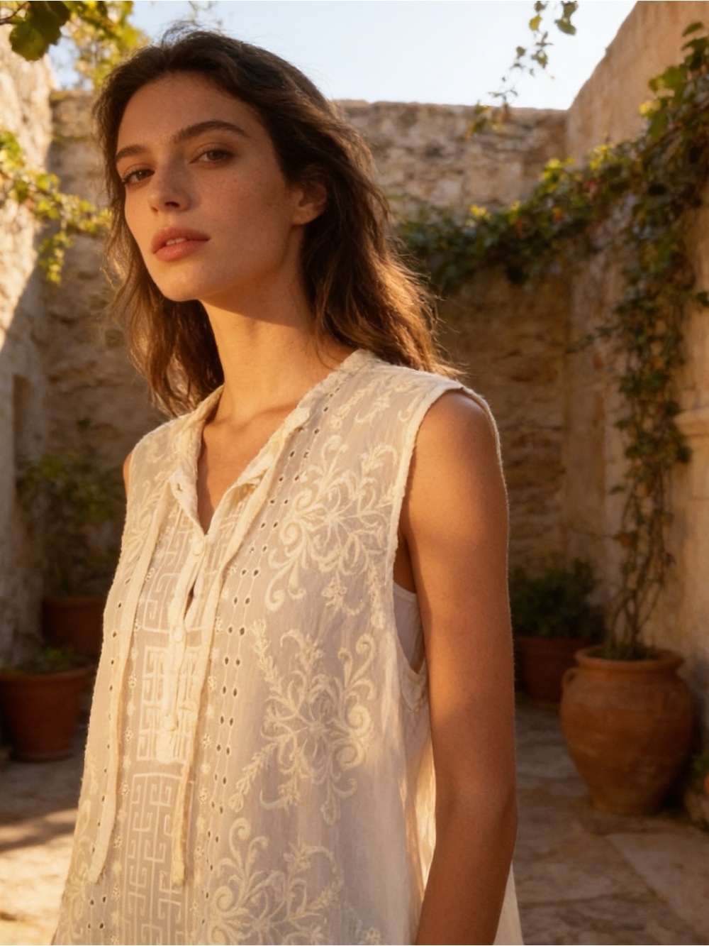 Johnny Was NWT Ivory Embroidered Sheer Tunic Tank Top - Eyelet Lace Boho Beach